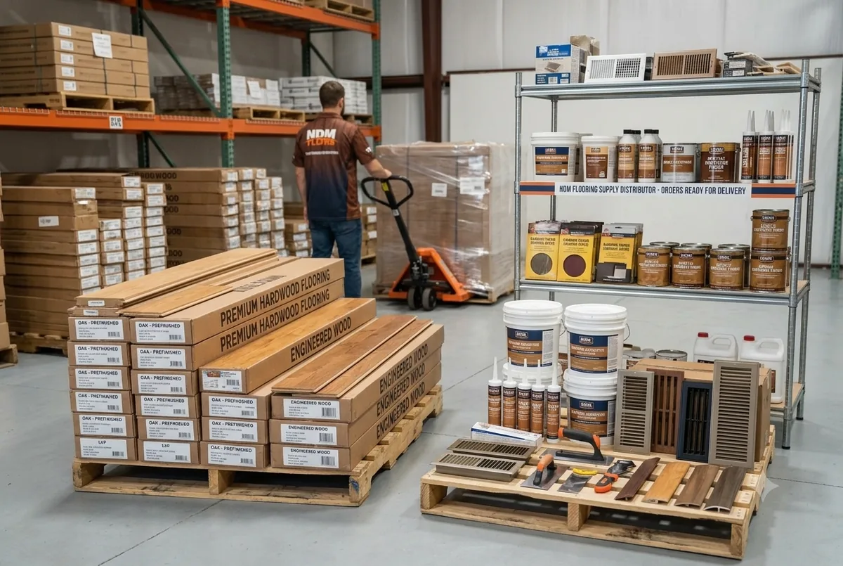 Hardwood flooring products and supplies prepared for delivery