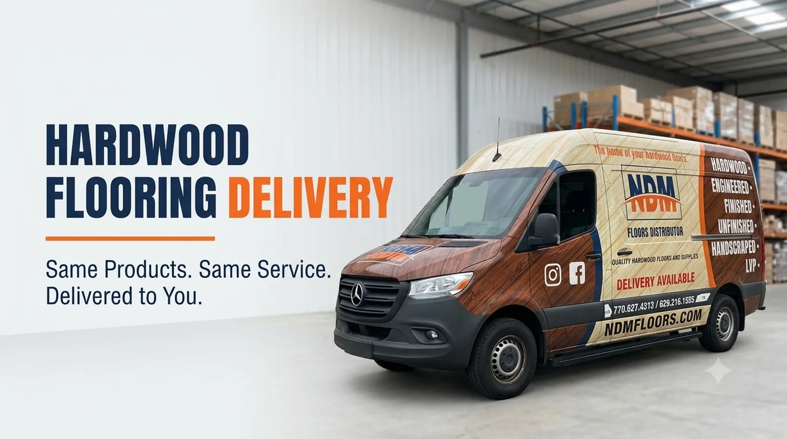 NDM Floors delivery van providing hardwood flooring delivery in Metro Atlanta